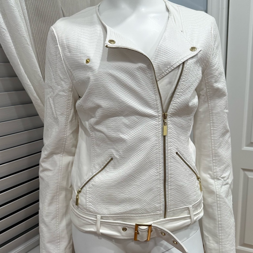 Guess White Leather Jacket with Gold Accents